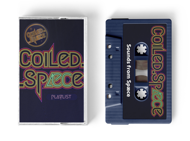 Tape cassette and case with Coiled.Spæce logo on both